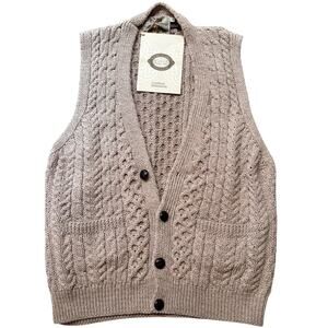 Aran Sweater Market Irish Cable Knit Cardigan Vest Merino Wool Large Tan Beige
